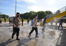 Tangkal penyebaran Covid 19, Dandim bersama Forkopimda Batola lakukan penyemprotan desinfektan