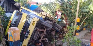 Diduga melebihi muatan, truk sawit terbalik dan timpa rumah warga
