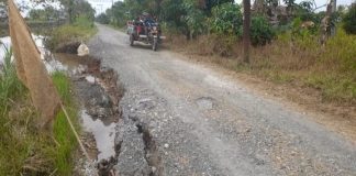 Diduga akibat dampak pengerukan sungai, beberapa titik bibir jalan di Desa Tanjung Harapan “longsor”