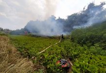 Di Desa Melayu Ilir, petugas BPBD harus menyebarang sungai untuk padamkan karhutla