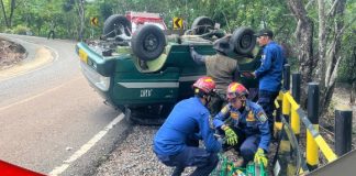 Diduga sopir panik, mobil taksi hijau terbalik saat melintas dijalan yang menurun